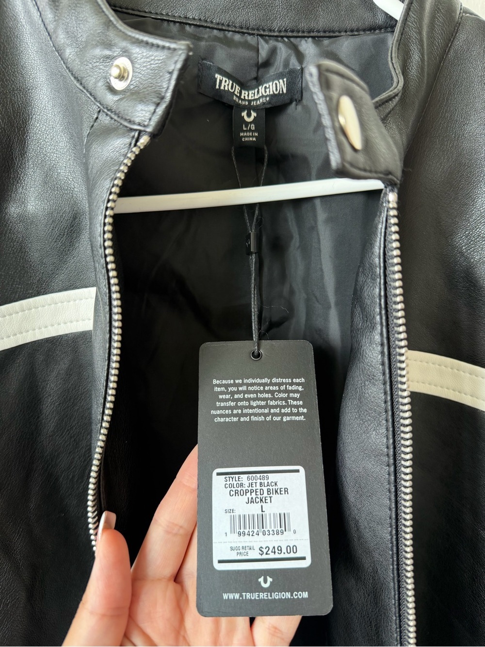 True Religion Cropped Biker Jacket Black White Size L NWT - Picture 3 of 4